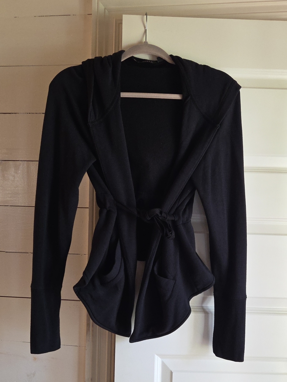 Athleta Black Hooded Tie-Waist Cardigan